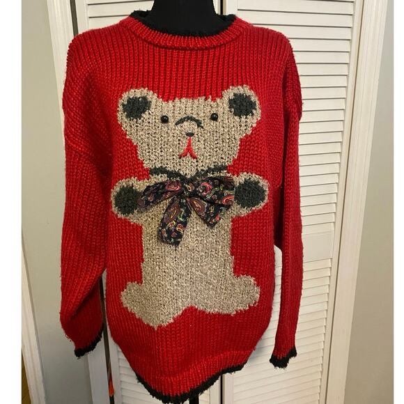 Vintage E.V.E Ltd. hand‎ knit Chunky Red Sweater Teddy bear 22 W 1980s - Picture 1 of 7
